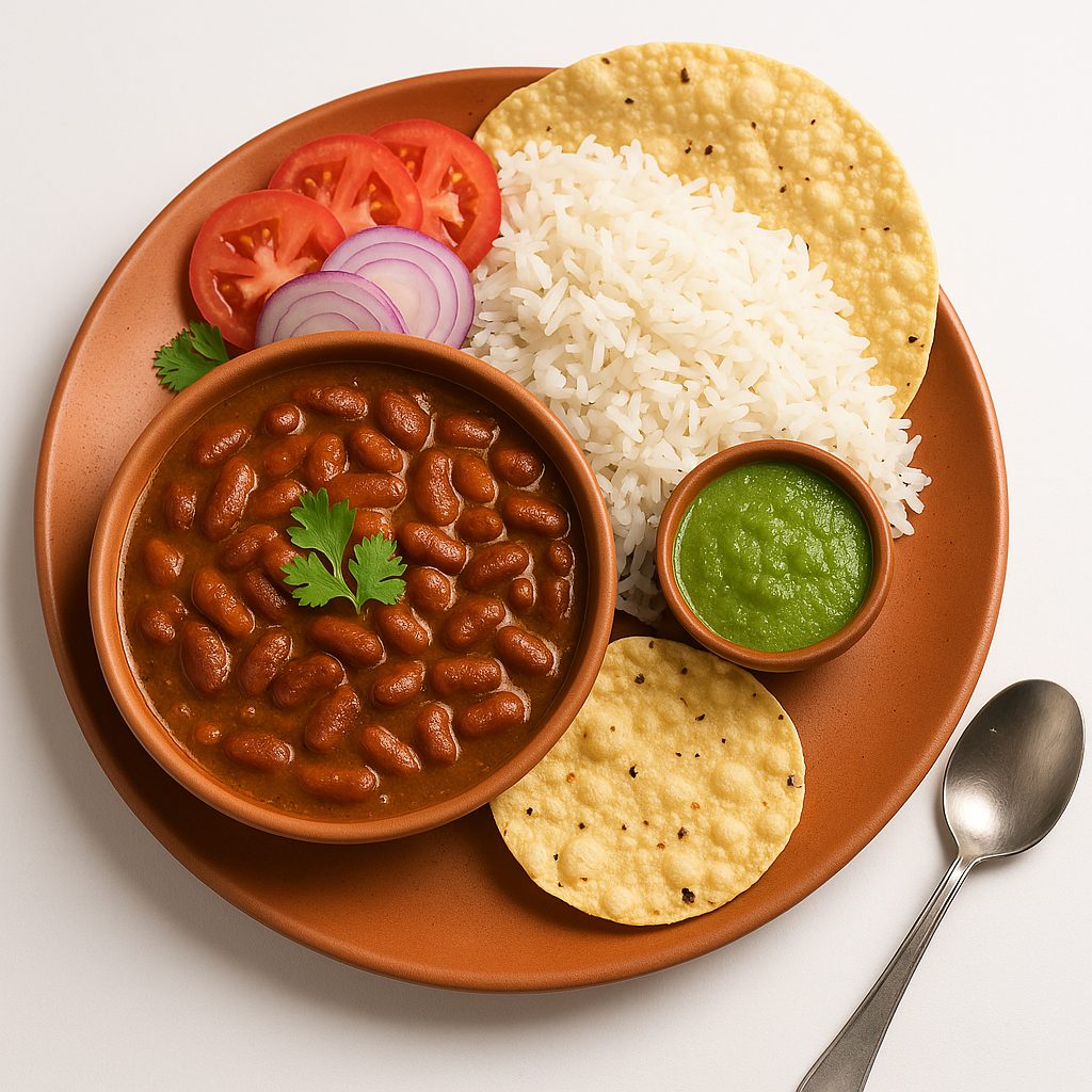 Close-up of authentic Punjabi rajma chawal recipe served on a traditional terracotta plate: rich, slow-cooked red kidney beans in spicy masala gravy, fluffy steamed basmati rice, sliced onions, tomatoes, fresh coriander garnish, green chutney, and papad. Classic north Indian comfort food.