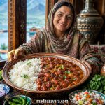 Joyful Kashmiri woman serving authentic Kashmiri Rajma Chawal in a traditional copper platter with steamed basmati rice, onion salad, green chillies, Kashmiri pickle, and fresh coriander in a beautifully decorated Kashmiri dining setting.