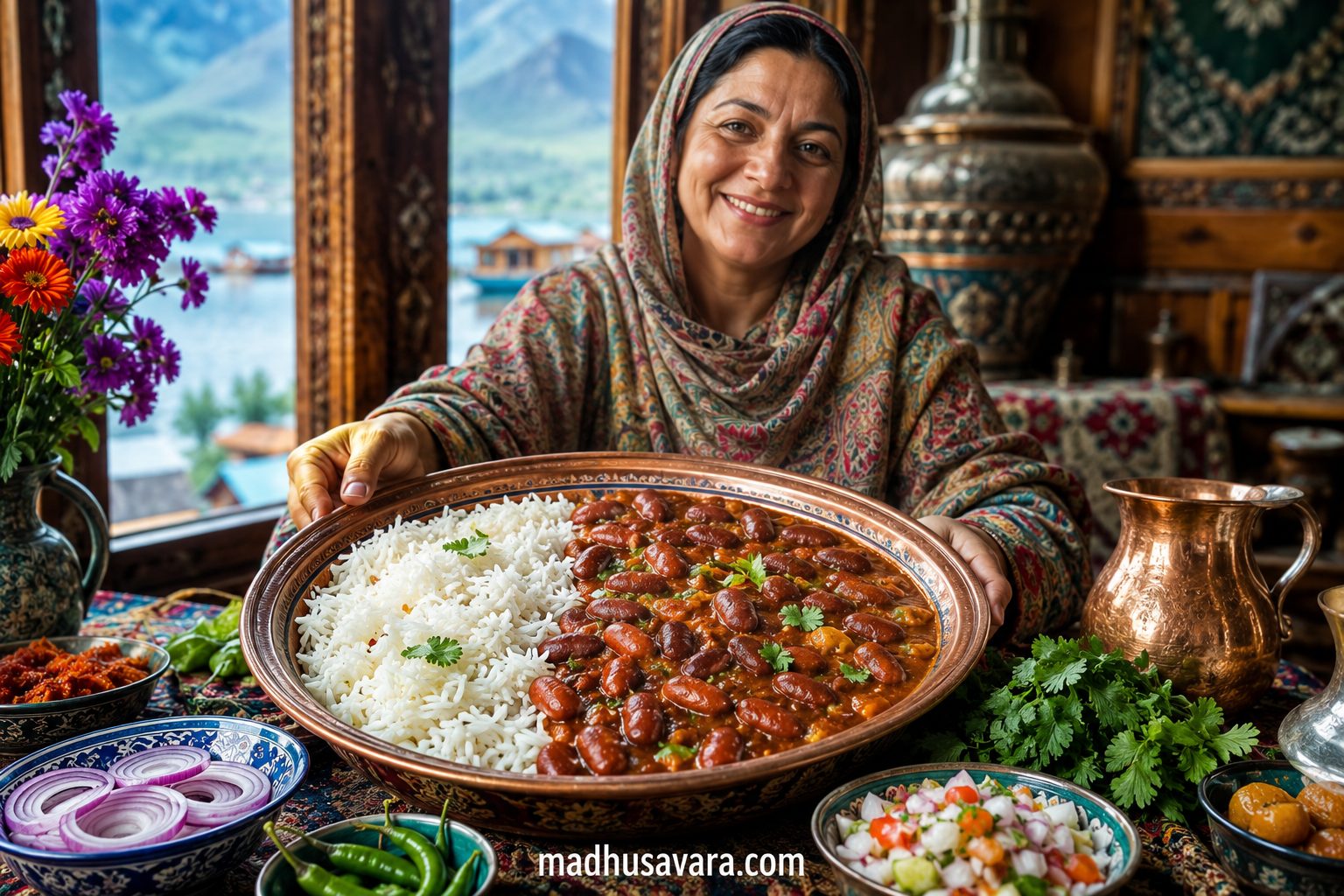 Joyful Kashmiri woman serving authentic Kashmiri Rajma Chawal in a traditional copper platter with steamed basmati rice, onion salad, green chillies, Kashmiri pickle, and fresh coriander in a beautifully decorated Kashmiri dining setting.