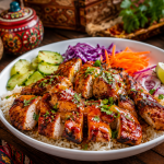 Hot Honey Chicken Tikka Bowl Recipe | Spicy-Sweet Indian Fusion Bowl 1 Hot Honey Chicken Tikka Bowl served in a white bowl with grilled chicken, steamed rice, fresh vegetables, lime wedges and a glossy hot honey glaze on a rustic wooden table with traditional Indian décor.