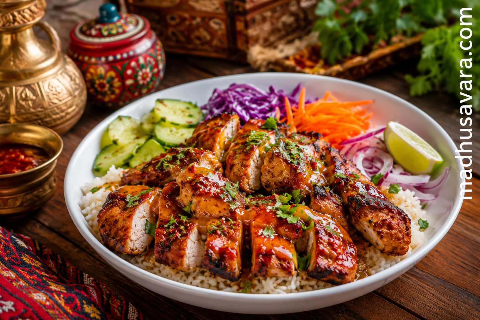 Hot Honey Chicken Tikka Bowl | Easy Indian Fusion Chicken Recipe Hot Honey Chicken Tikka Bowl served in a white bowl with grilled chicken, steamed rice, fresh vegetables, lime wedges and a glossy hot honey glaze on a rustic wooden table with traditional Indian décor.
