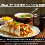 Close-up of a butter chicken burrito cut in half, revealing juicy chicken chunks swimming in glossy orange makhani sauce, melted cheese stretching between the halves, wrapped in lightly toasted tortilla, garnished with fresh coriander