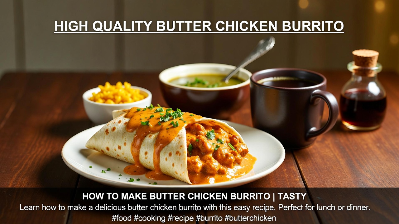 Close-up of a butter chicken burrito cut in half, revealing juicy chicken chunks swimming in glossy orange makhani sauce, melted cheese stretching between the halves, wrapped in lightly toasted tortilla, garnished with fresh coriander