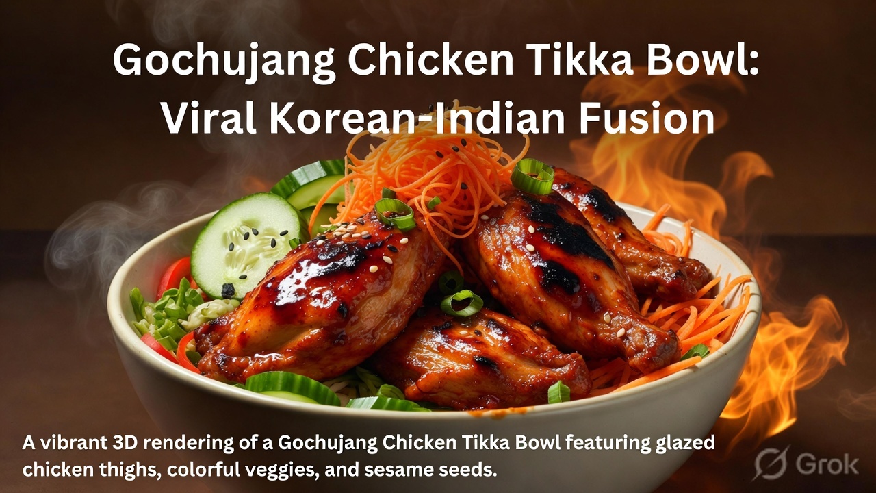 Vibrant 3D rendering of a Gochujang Chicken Tikka Bowl: glossy red-glazed charred chicken thighs piled high over colourful julienned carrots, cucumber ribbons, cherry tomatoes, fresh herbs, sesame seeds, and a swirl of steam rising from the spicy Korean-Indian fusion creation.