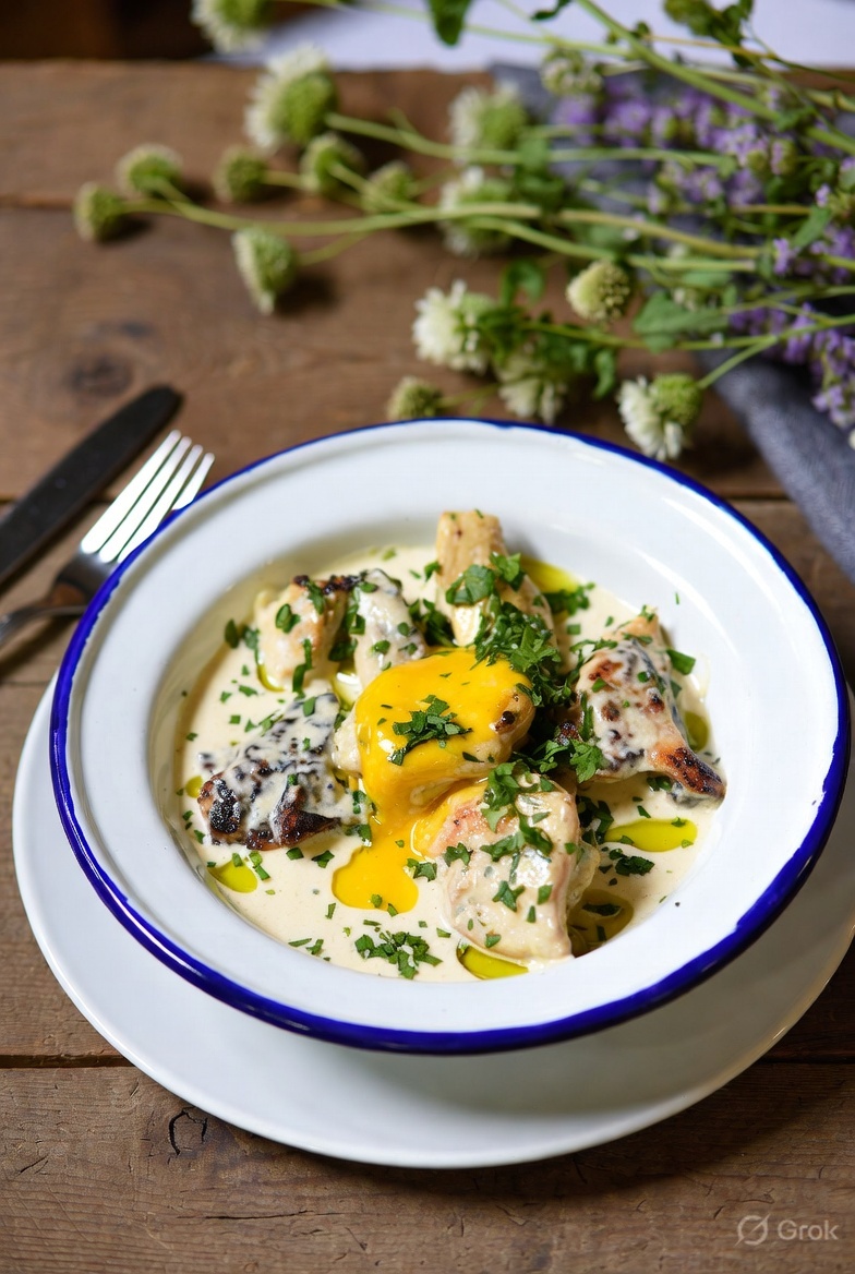 Marry Me Chicken: tender seared chicken pieces in a vibrant creamy sauce with sun-dried tomatoes, topped with chopped fresh parsley and a drizzle of olive oil. The dish is surrounded by small bunches of wild rosemary, thyme, lavender flowers, and other fresh herbs arranged on a rustic wooden table next to a silver fork and knife.
