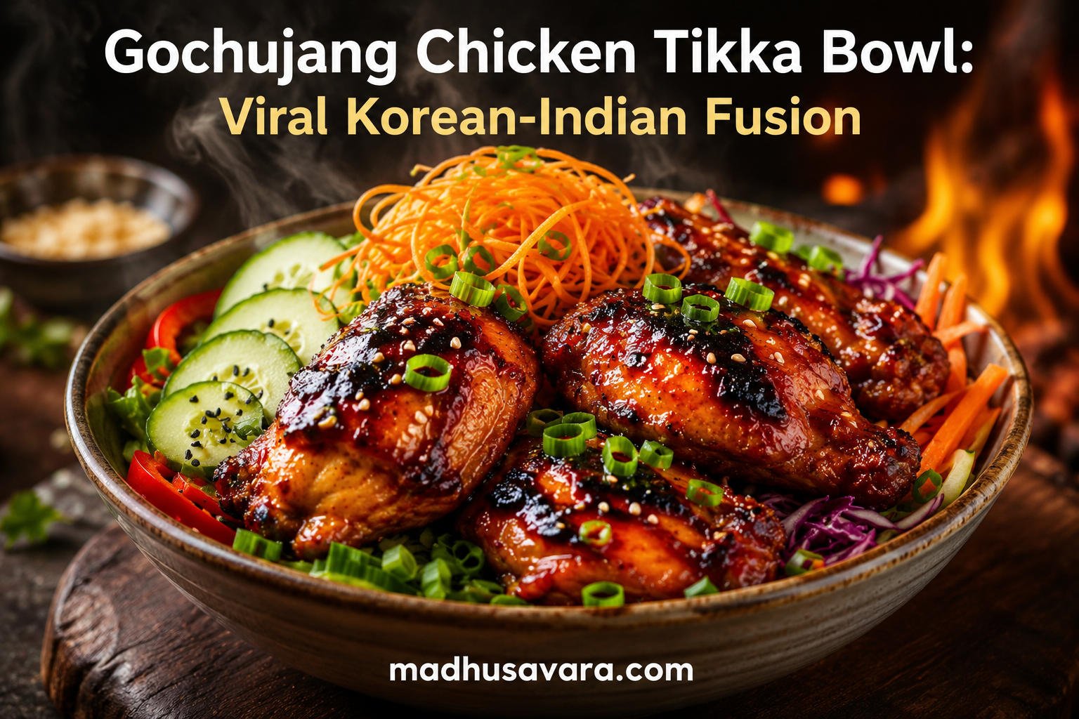 Gochujang Chicken Tikka Bowl featuring smoky grilled chicken glazed with Korean gochujang sauce, served over rice with fresh cucumber, carrots, purple cabbage, spring onions, sesame seeds, and vibrant vegetables.