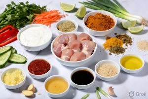 Vibrant ingredients for high-protein gochujang chicken tikka bowl arranged in separate white bowls including raw chicken, Greek yogurt, gochujang paste, tikka masala spices, fresh vegetables, lime, and sesame seeds