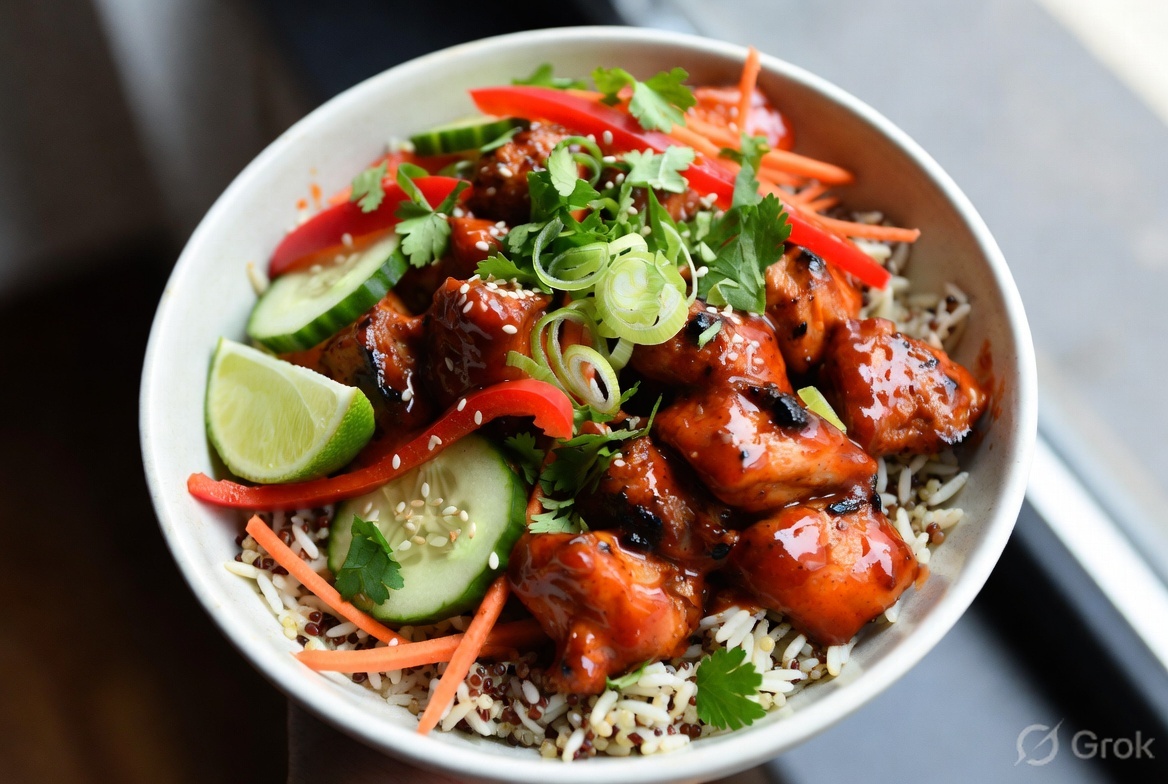 High-protein gochujang chicken tikka bowl served in a white ceramic bowl with fluffy rice, quinoa, fresh cucumber, red bell pepper, carrot, sesame seeds, coriander and lime wedges, glossy red gochujang glaze, bright vibrant food photography