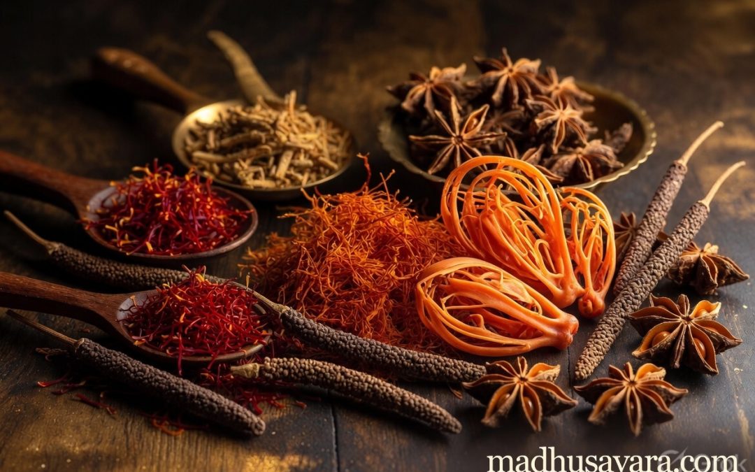 Royal Indian spices on dark wooden table: vibrant saffron threads, lacy mace blades, star anise pods, and long pepper spikes with madhusavara.com watermark - Forgotten Royal Spices of India"