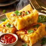 Golden crispy rice paper paneer dumplings stacked on a white plate with hot steam rising, served with vibrant red chili sauce, schezwan sauce and green chutney, garnished with cilantro and chili flakes.