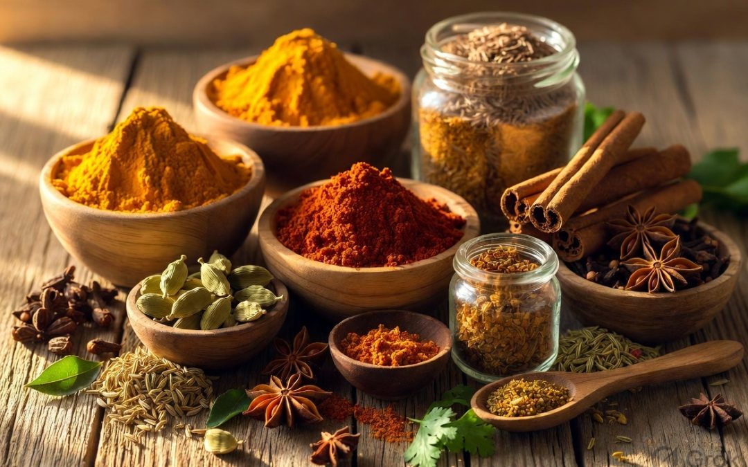 Colorful Indian leftover spices in wooden bowls and glass jars including turmeric, red chilli, cumin, cardamom, cinnamon on rustic kitchen table, vibrant food photography for zero waste cooking tips
