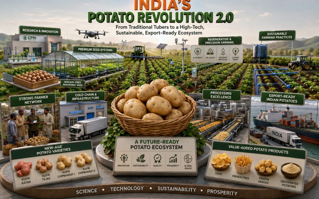 3D infographic showing India’s potato revolution with advanced seed systems, precision farming, regenerative agriculture, cold-chain infrastructure, potato processing plants, export-ready supply chains, and sustainable farming technologies.