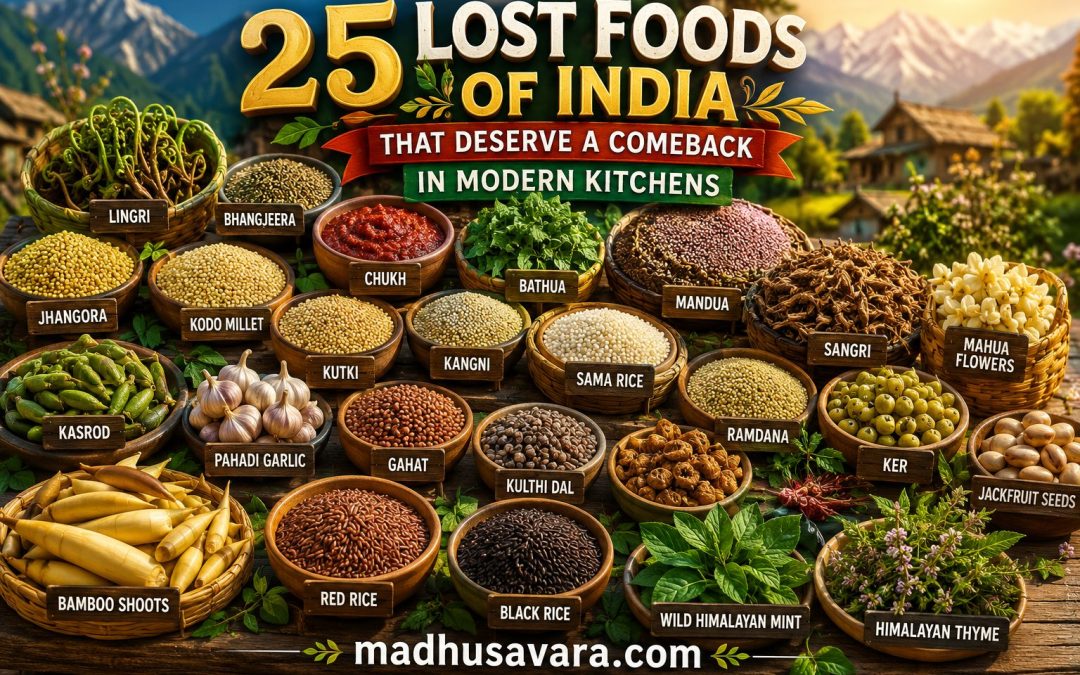Lost Foods of India featuring Bhangjeera, Lingri, Chukh, Bathua, Mandua, Jhangora, Kodo Millet, Kutki, Sama Rice, Ramdana, Kasrod, Pahadi Garlic, Gahat, Kulthi Dal, Sangri, Mahua Flowers, Bamboo Shoots, Red Rice, Black Rice, Wild Himalayan Mint, and Himalayan Thyme against a colourful Himalayan village backdrop.
