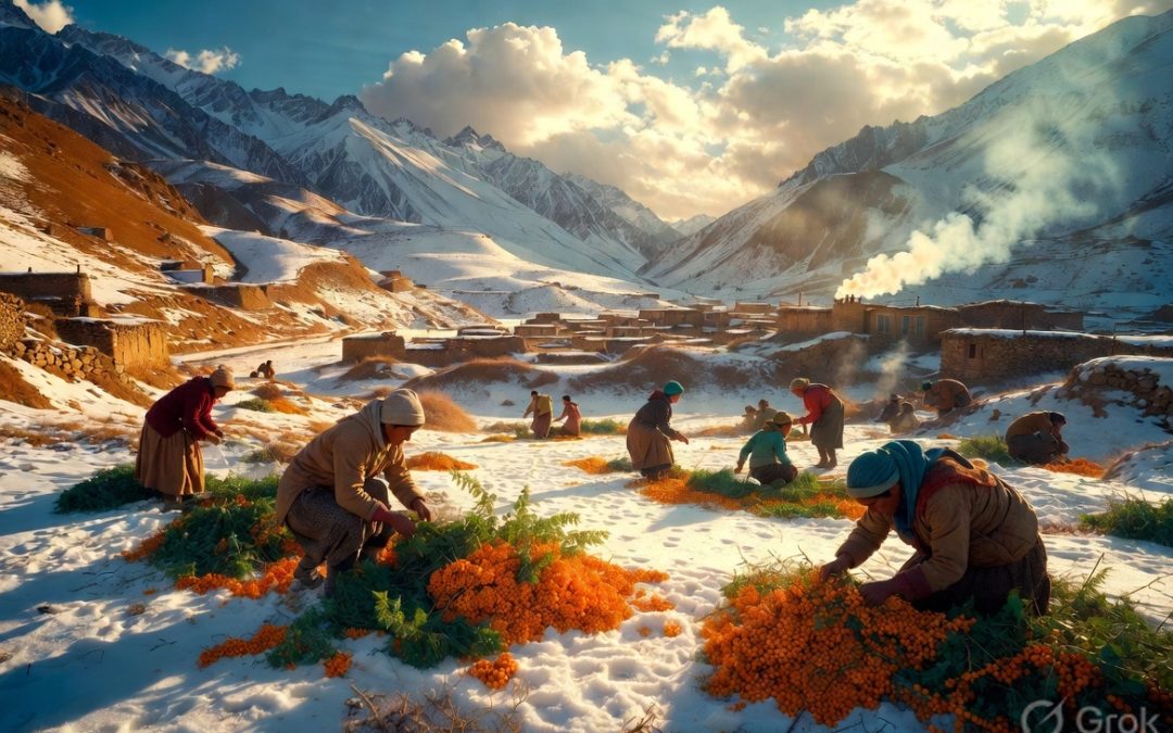 Himalayan famine foods - Women and children foraging wild edibles like seabuckthorn berries, nettle, and fern shoots in a snowy Himalayan village, representing traditional mountain survival foods before roads existed