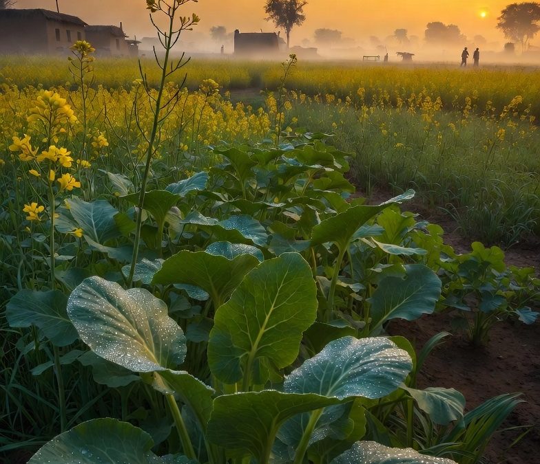 Lush green Bathua (Chenopodium album) plants with dew drops in a traditional rural Punjab winter field at sunrise, golden mustard flowers in the background, fog-covered mud houses and farmers, celebrating Indian agricultural heritage.