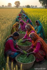 Indian village women in colorful traditional Punjabi attire harvesting fresh Bathua leaves in winter fields, woven baskets full of greens, surrounded by wheat and mustard flowers, authentic rural farming scene.