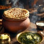 Hot steaming Bathua Parathas served with Bathua Saag, homemade butter and curd in traditional clay and brass utensils on a rustic wooden table, authentic Indian winter village meal.