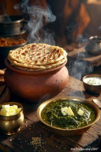 Hot steaming Bathua Parathas served with Bathua Saag, homemade butter and curd in traditional clay and brass utensils on a rustic wooden table, authentic Indian winter village meal.