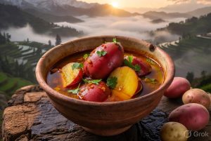 Steaming bowl of traditional Darjeeling Red Round Aloo Ko Jhol made with rare Himalayan potato varieties, featuring vibrant red-skinned potatoes in spiced gravy, served in an earthenware bowl with the Himalayan mountains in the background