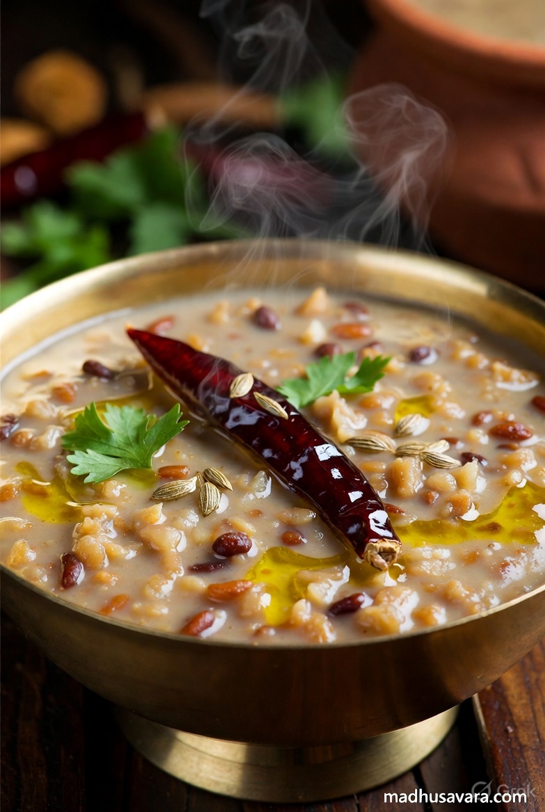 Authentic Mash ki Dal Recipe in traditional brass bowl, creamy Kangra style black gram dal from Himachal Pradesh, garnished with fresh coriander, dry red chilli, cumin seeds and ghee, traditional Kangri Dham food by Madhu Savara