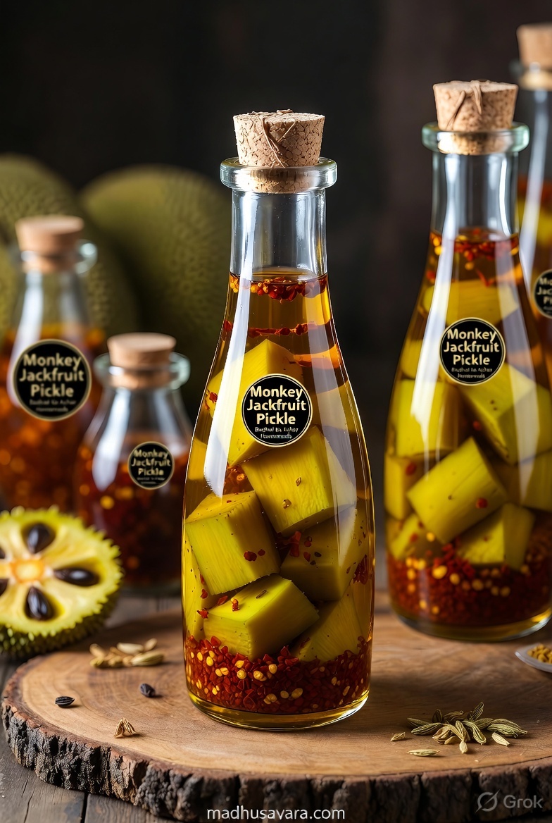 Glass bottles filled with traditional Monkey Jackfruit Pickle, showing tender jackfruit cubes immersed in golden mustard oil with red chilli flakes and spices. The bottles are displayed on a rustic wooden surface with a sliced monkey jackfruit in the background Glass bottles filled with traditional Monkey Jackfruit Pickle, showing tender jackfruit cubes immersed in golden mustard oil with red chilli flakes and spices. The bottles are displayed on a rustic wooden surface with a sliced monkey jackfruit in the background