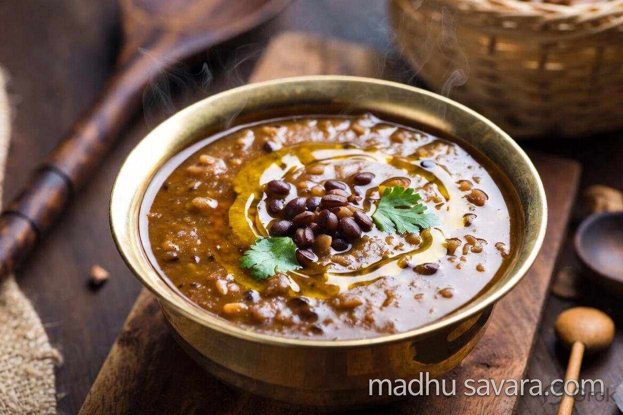 Teliya Maah Kangri Dham served hot in traditional brass bowl - Rich Himachali Telia Maah black gram dal with ghee - madhu savara.com