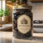 Glass jar of homemade Ber Murabba (Indian jujube preserve) placed on a modern kitchen countertop, featuring whole ber fruits preserved in sweet syrup,
