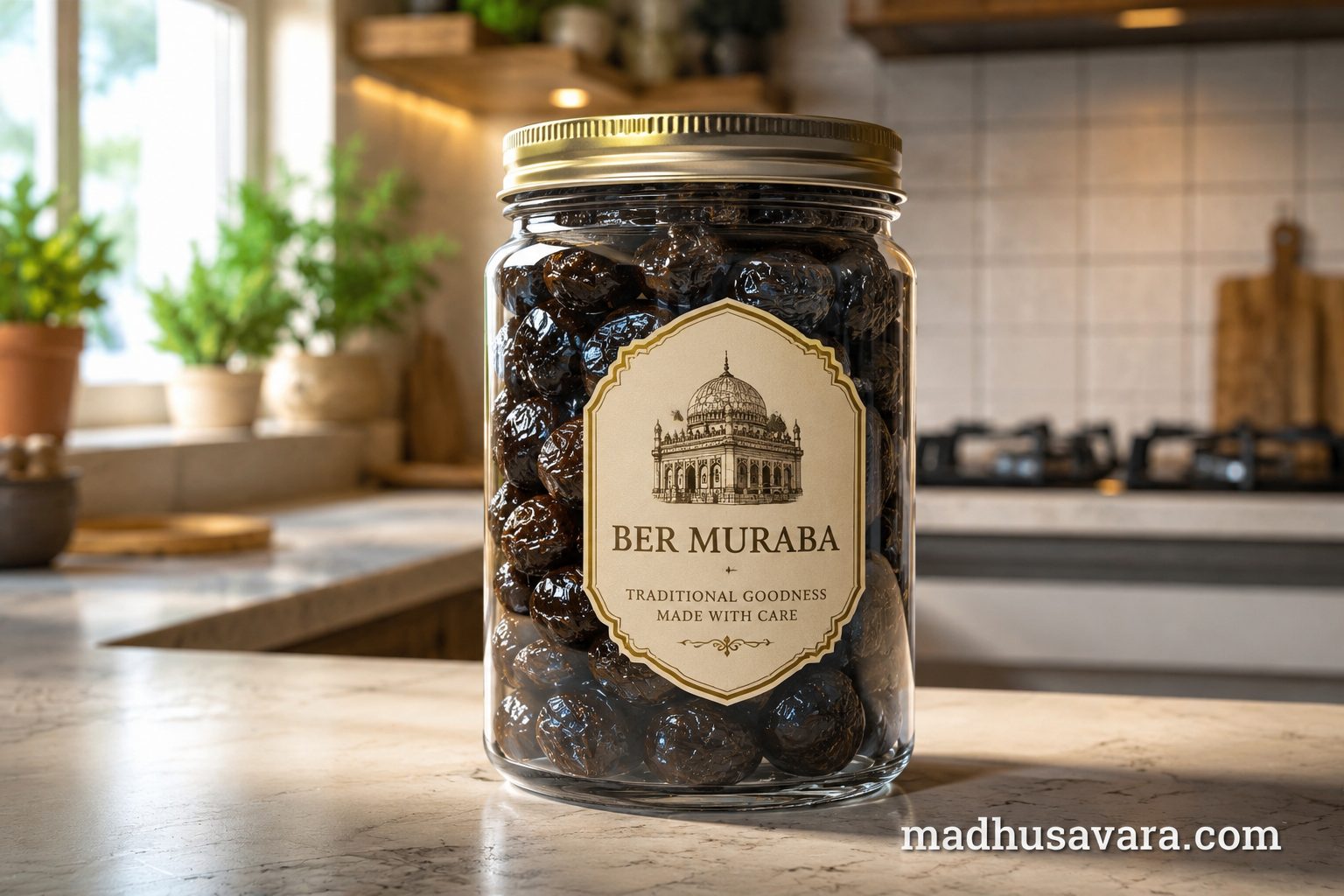 Glass jar of homemade Ber Murabba (Indian jujube preserve) placed on a modern kitchen countertop, featuring whole ber fruits preserved in sweet syrup,