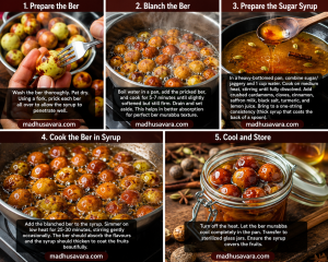 Step-by-step Ber Murabba recipe collage showing preparation of ber fruits, blanching, making aromatic sugar syrup, cooking ber in syrup, and storing homemade Indian jujube preserve in glass jars. High-resolution food photography with vibrant colours