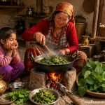 Bicchu Ghaas Saag Recipe | Traditional Himalayan Stinging Nettle Saag 1 A smiling grandmother in traditional attire cooks fresh green leafy vegetables in a large iron wok over a wood fire, while a young girl sits beside her watching with delight in a rustic village kitchen.