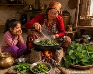 Bicchu Ghaas Saag Recipe | Traditional Himalayan Stinging Nettle Saag 2 A smiling grandmother in traditional attire cooks fresh green leafy vegetables in a large iron wok over a wood fire, while a young girl sits beside her watching with delight in a rustic village kitchen.