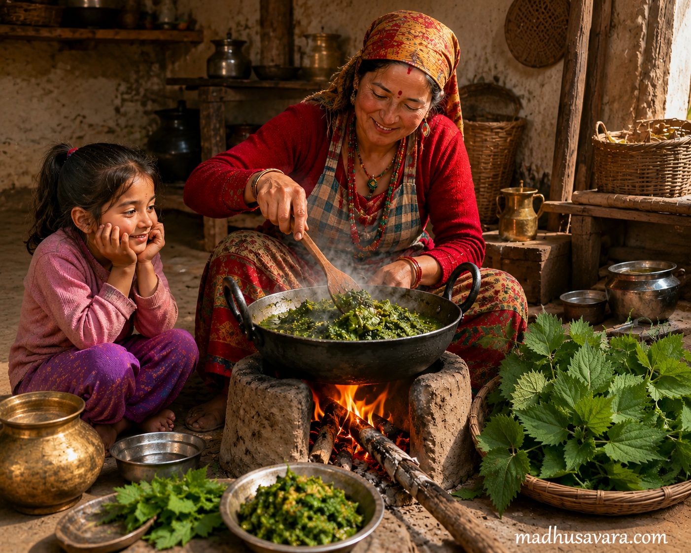 Grandmother Passing Down Traditional Cooking Skillse A smiling grandmother in traditional attire cooks fresh green leafy vegetables in a large iron wok over a wood fire, while a young girl sits beside her watching with delight in a rustic village kitchen.
