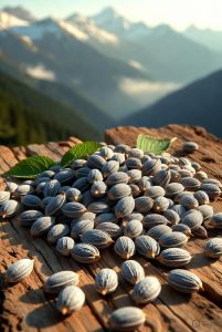 Bhangjeera seeds, Himalayan Perilla seeds close up on wooden surface with mountains