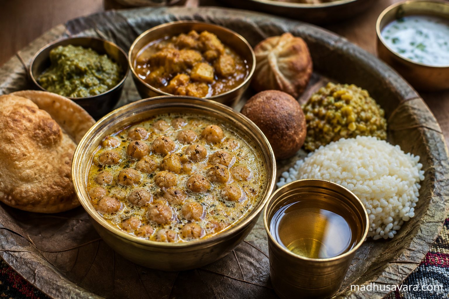 Traditional Himachali Channa Madra served in a brass bowl on a leaf plate during Kangra Dham, accompanied by rice and other authentic Dham dishes.
