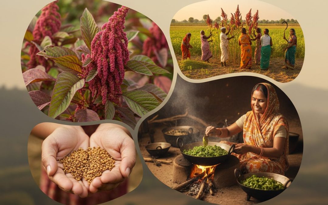 The journey of chaulai (amaranth) from field to plate, featuring vibrant red amaranth plants, rural women harvesting chaulai in agricultural fields, hands holding nutrient-rich amaranth grains, and a village woman preparing fresh chaulai saag over a traditional wood-fired stove.