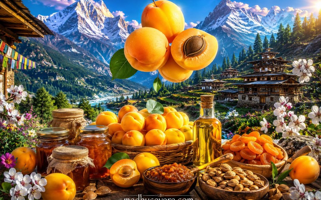 Chulu (Wild Himalayan Apricot) in a Himalayan valley featuring fresh apricots, dried apricots, apricot kernel oil, traditional preserves, chutneys, snow-capped mountains, pine forests, wildflowers, and Himalayan village architecture.