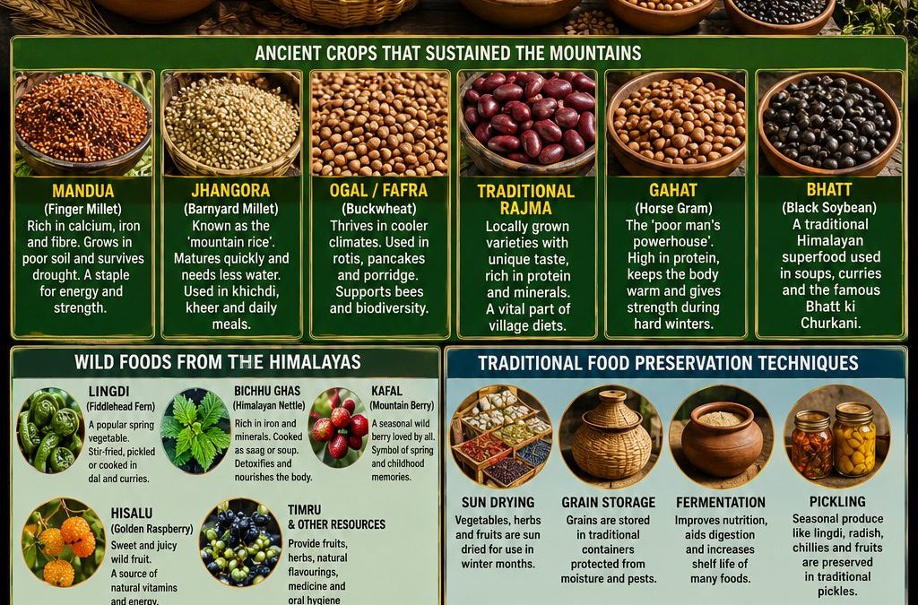 Colourful infographic showcasing Forgotten Foods That Sustained Himalayan Villages, featuring traditional grains, pulses, wild edible plants, food preservation techniques, and their role in sustaining mountain communities across the Himalayas.