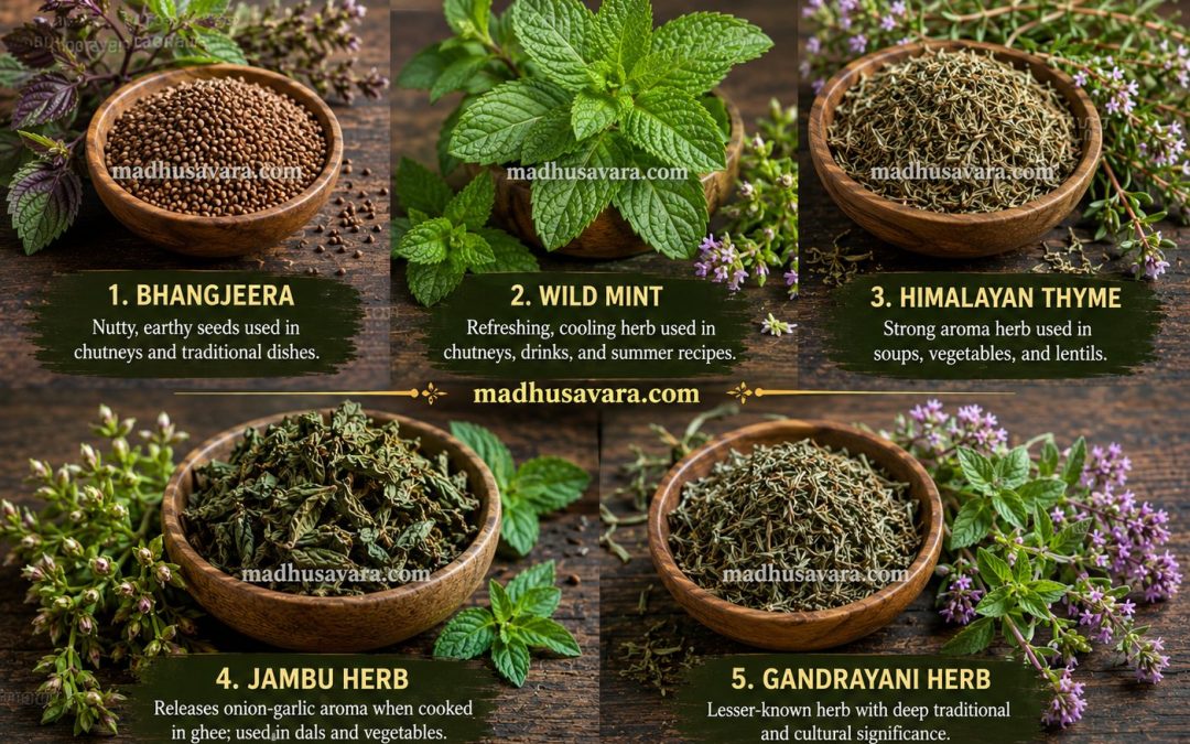 5 Forgotten Aromatic Herbs of the Himalayas" featuring five wooden bowls with herbs and plants on a rustic wooden background. The herbs shown are: 1. Bhangjeera seeds, 2. Fresh Wild Mint leaves, 3. Dried Himalayan Thyme, 4. Dried Jambu Herb, and 5. Dried Gandrayani Herb, each with short descriptions of their uses and aromas.