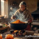 Alt Text: Pahadi villager lady cooking traditional Hisalu Berry Preserve Recipe in a rustic Himalayan kitchen with fresh ingredients and finished preserve jars