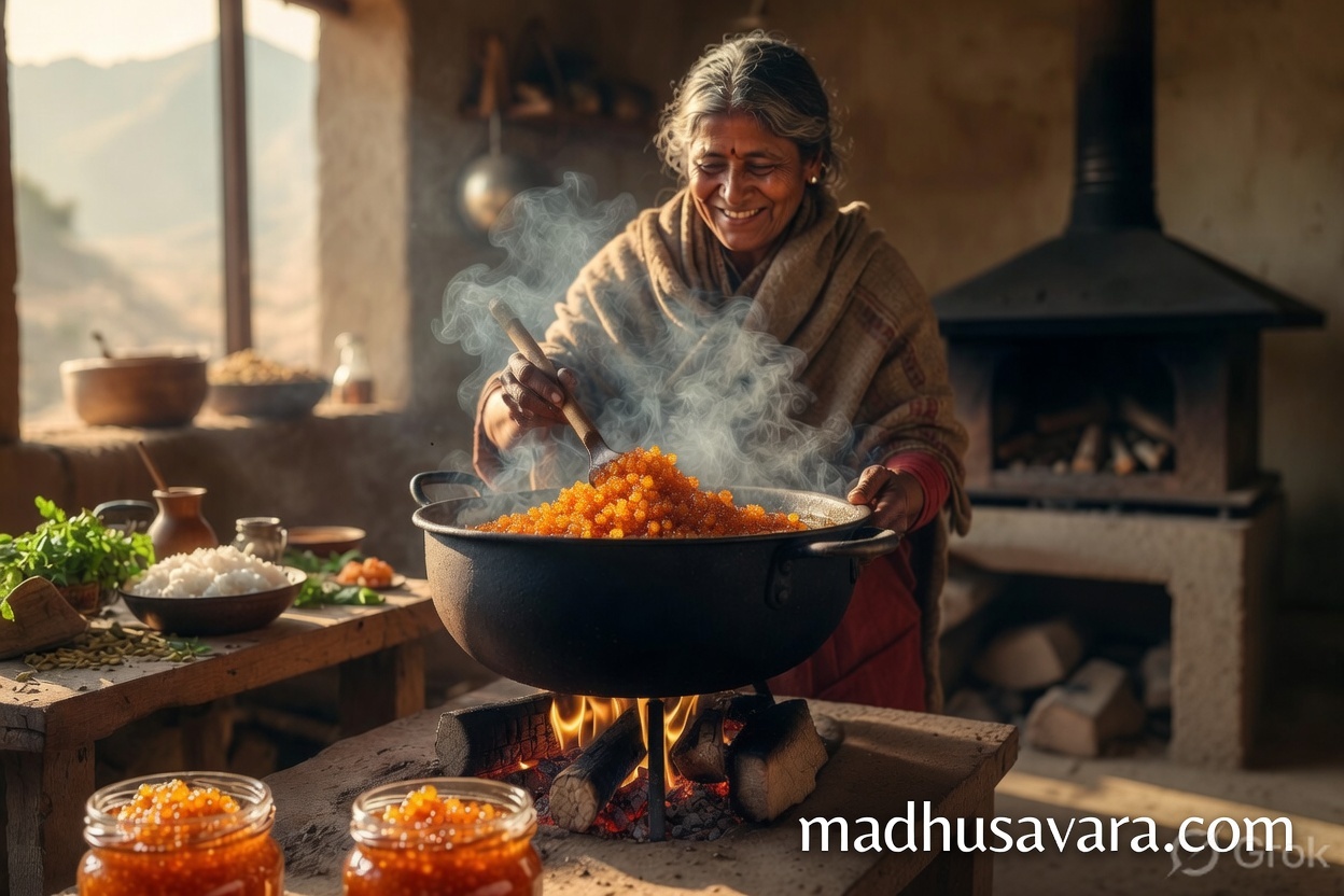 Alt Text: Pahadi villager lady cooking traditional Hisalu Berry Preserve Recipe in a rustic Himalayan kitchen with fresh ingredients and finished preserve jars