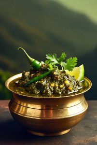 Bhangjeera chutney recipe in traditional brass bowl with green chilli and lemon