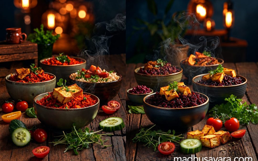 Photorealistic side-by-side comparison of vibrant red rice and black rice bowls served with grilled paneer, fresh microgreens, cherry tomatoes, cucumber slices, and herbs on a rustic wooden table with warm ambient lighting and visible steam,