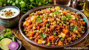 A vibrant bowl of Quick Red Rice Khichdi with moong sprouts, paneer cubes, green peas, diced vegetables, and fresh coriander, served with a side of creamy curd, lemon, onion, and green chili on a rustic wooden table
