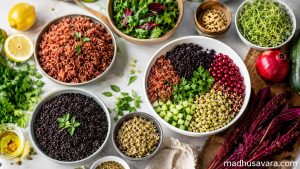 Flat lay of red rice and black rice glow meal bowls with fresh moong sprouts, chaulai (amaranth), cucumber, coriander, pomegranate, quinoa, lemon, and other superfoods arranged on a bright kitchen counter,