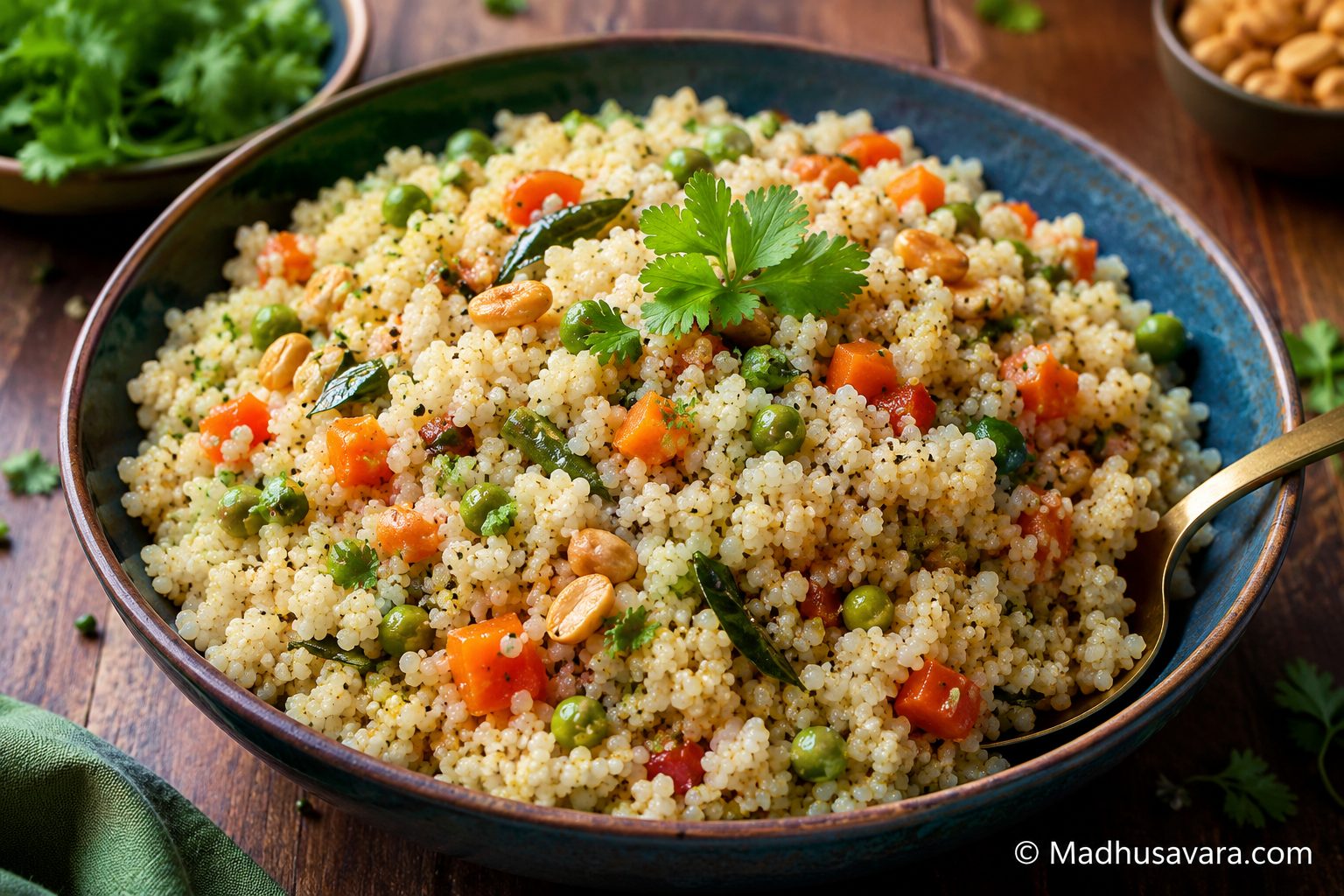 Classic Jhangora Recipe served in a rustic blue bowl with fluffy Barnyard Millet, green peas, carrots, fresh coriander, roasted peanuts and aromatic spices on a wooden table, photographed in natural light with a vibrant Himalayan village-style presentation.