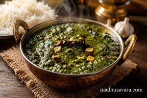 Authentic Kafuli, Uttarakhand’s traditional green curry, served steaming hot in a handcrafted brass bowl with garlic tempering, dried red chilli, and aromatic spices, accompanied by fluffy steamed rice in a rustic Indian setting.