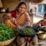 Village woman cooking traditional Karmuha Saag on a clay stove while a happy child enjoys the freshly prepared saag, with fresh Karemua greens displayed in a rural Indian courtyard.
