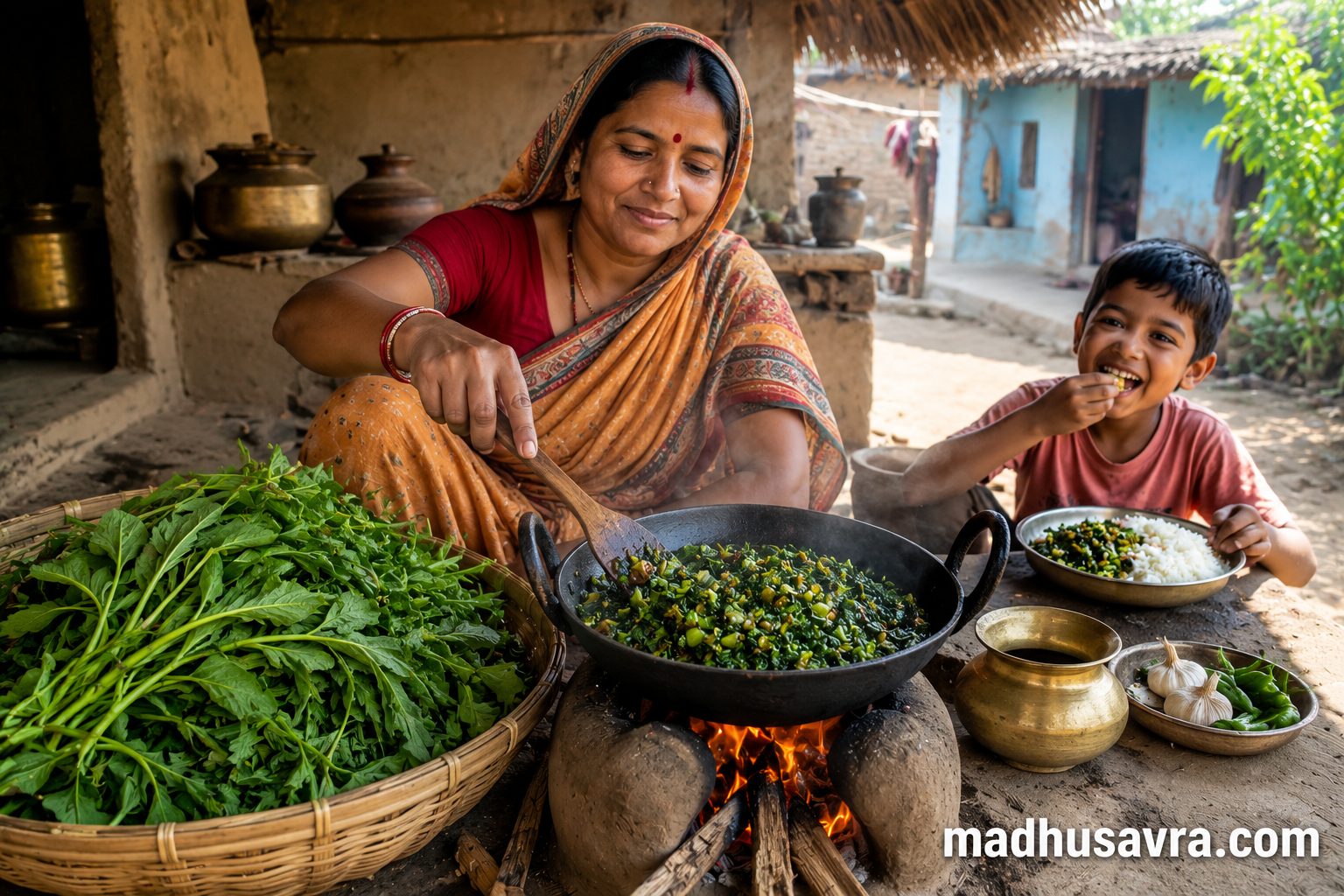 Village woman cooking traditional Karmuha Saag on a clay stove while a happy child enjoys the freshly prepared saag, with fresh Karemua greens displayed in a rural Indian courtyard.