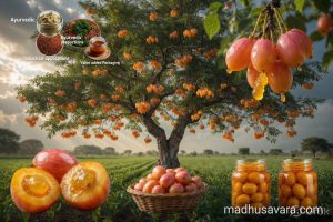 a Lasura (Cordia dichotoma) tree full of ripe orange-pink fruits in a lush green field at sunrise. Shows fresh cut fruits with golden jelly-like pulp, a basket of harvested fruits, and glass jars of value-added products. Ayurvedic herbs and preparations displayed, highlighting traditional medicinal uses and industrial applications.
