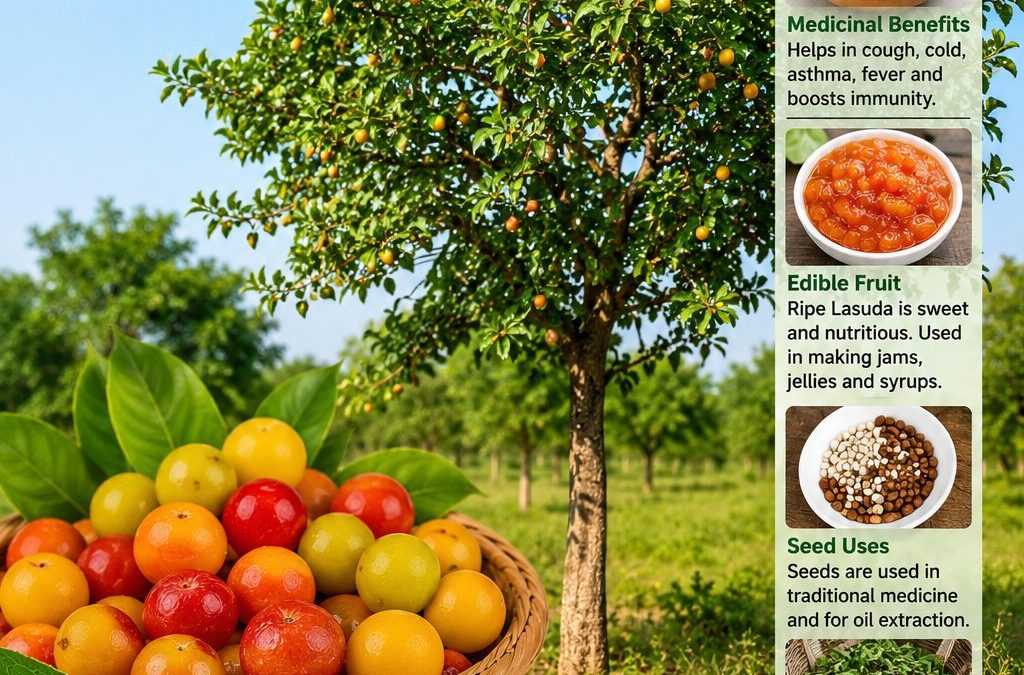 a Lasuda (Cordia myxa/Gunda) fruit tree growing in a green agricultural field, with colorful ripe fruits displayed in a basket in the foreground. The image highlights traditional medicinal, culinary, and seed uses of Lasuda
